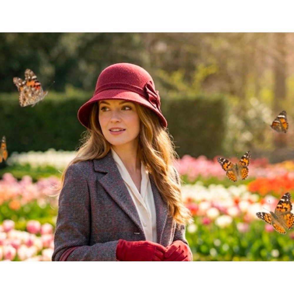 Kate Landry Womens Red Knit Cloche Hat with Bow Side Detail Vintage Style